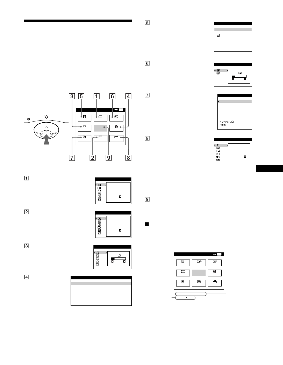 Personnalisation de votre moniteur, Pilotage par menus, X affichage du signal d’entrée en cours | Xaffichage du signal d’entrée en cours | Sony CPD-G400P User Manual | Page 27 / 148