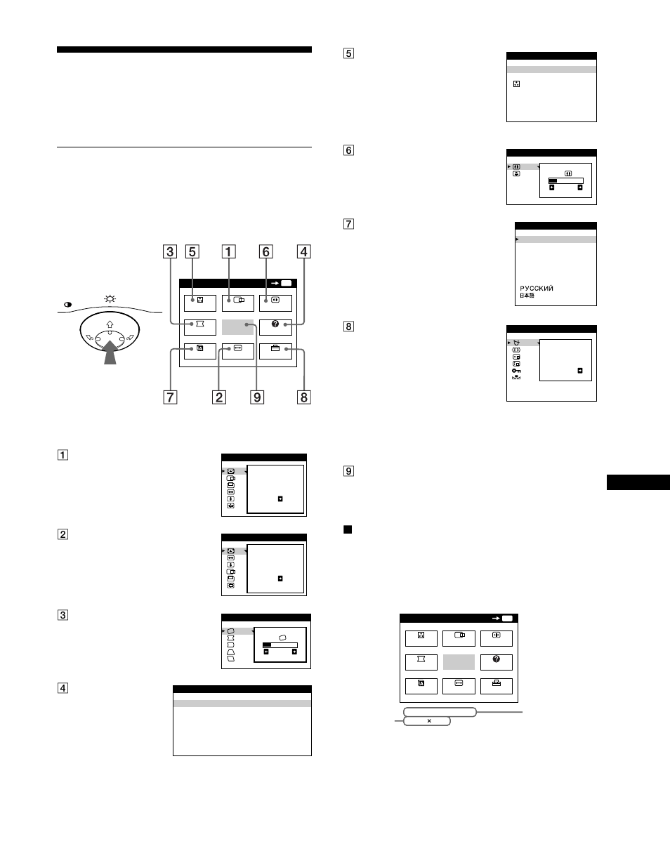 Personalizzazione del monitor, Come spostarsi all’interno del menu, X visualizzazione del segnale di ingresso corrente | Xvisualizzazione del segnale di ingresso corrente | Sony CPD-G400P User Manual | Page 81 / 148