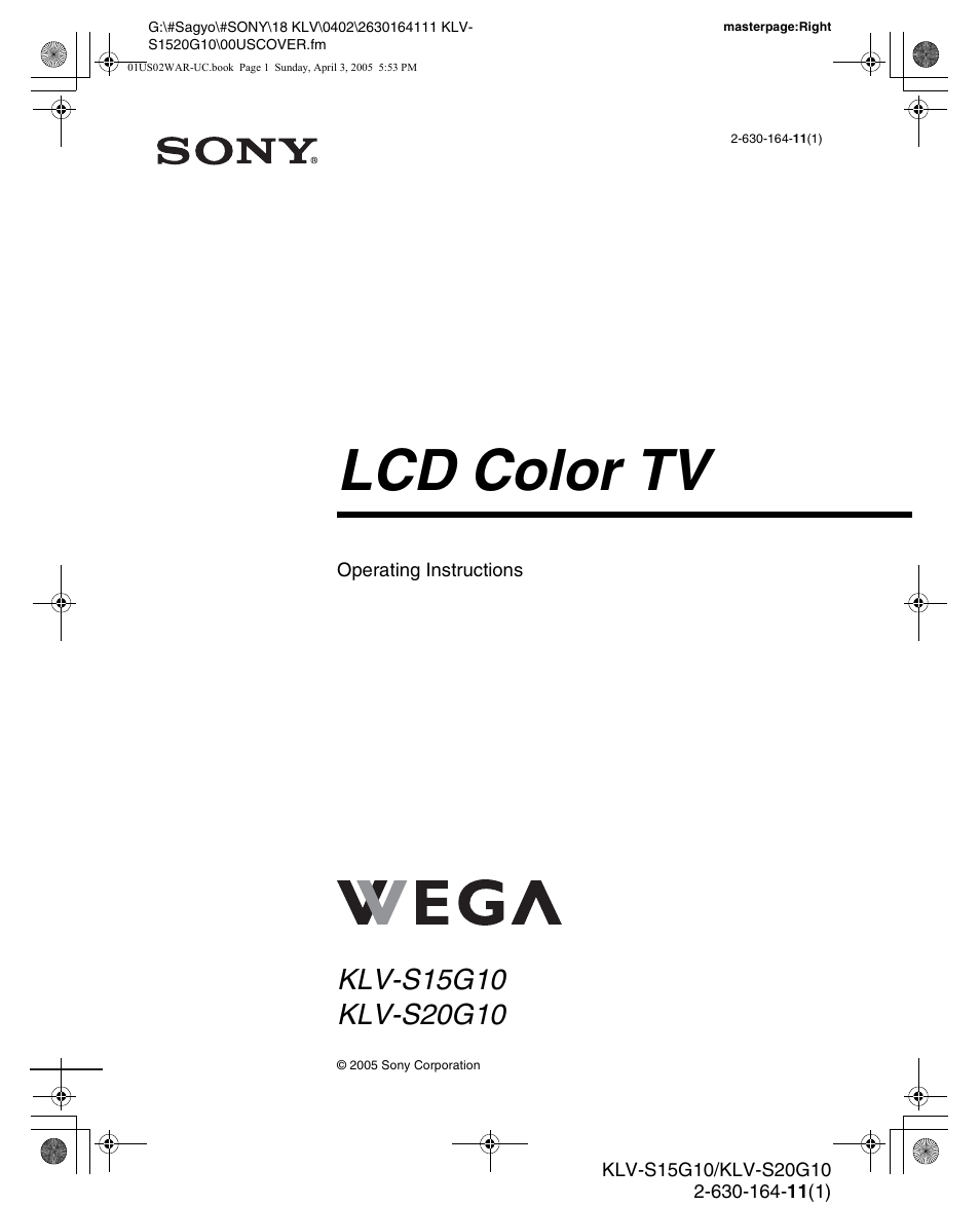 Sony WEGA KLV S20G10 User Manual | 60 pages