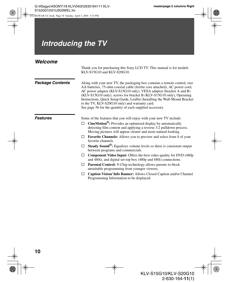 Introducing the tv, Welcome, Package contents | Features, Package contents features | Sony WEGA KLV S20G10 User Manual | Page 10 / 60