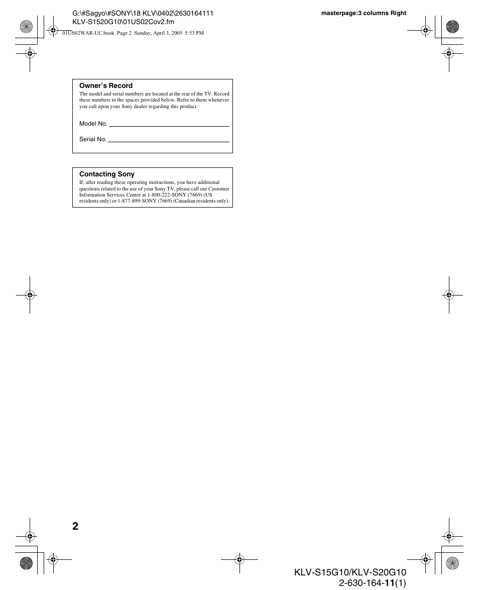 Sony WEGA KLV S20G10 User Manual | Page 2 / 60