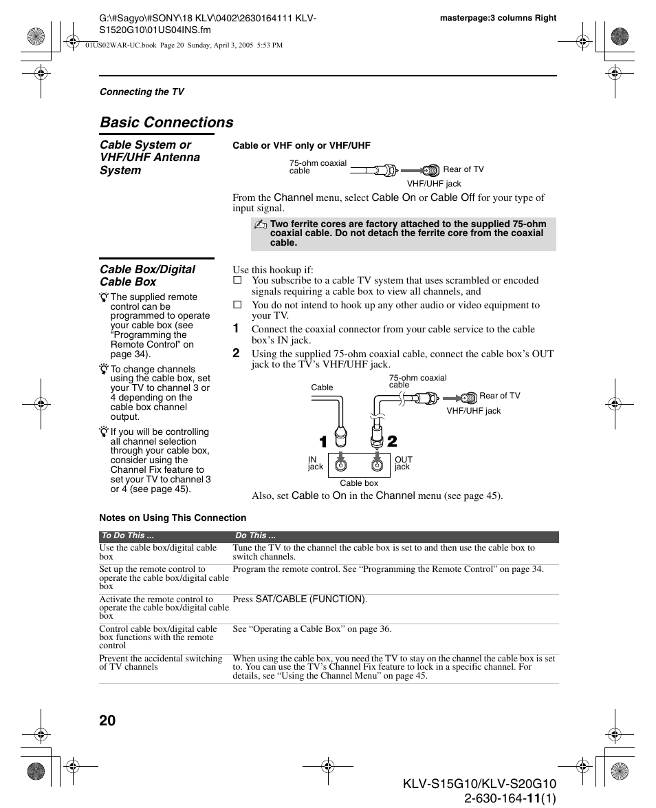 Basic connections, Cable system or vhf/uhf antenna system, Cable box/digital cable box | Sony WEGA KLV S20G10 User Manual | Page 20 / 60