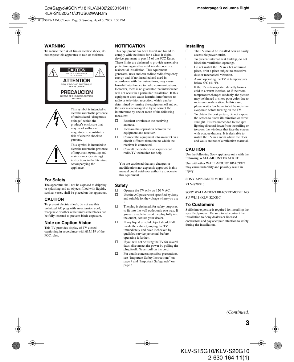 Attention, Precaucion, Continued) | Sony WEGA KLV S20G10 User Manual | Page 3 / 60
