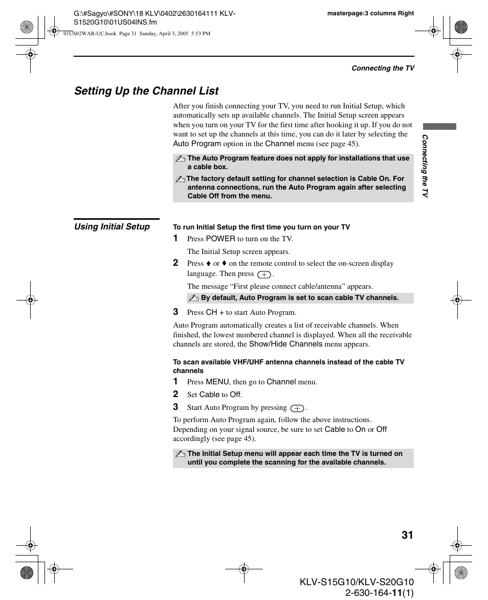 Setting up the channel list, Using initial setup | Sony WEGA KLV S20G10 User Manual | Page 31 / 60
