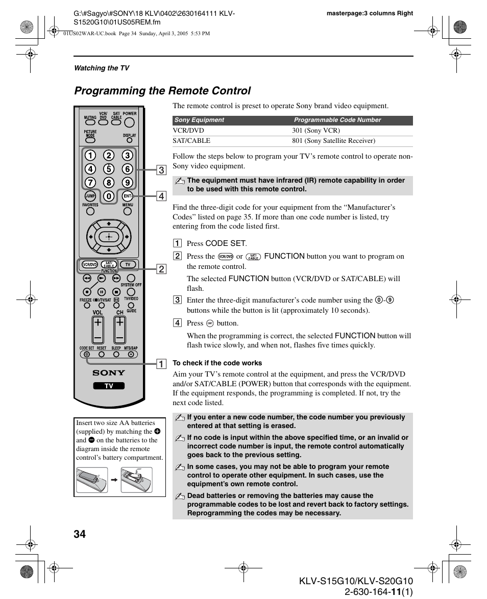 Programming the remote control | Sony WEGA KLV S20G10 User Manual | Page 34 / 60