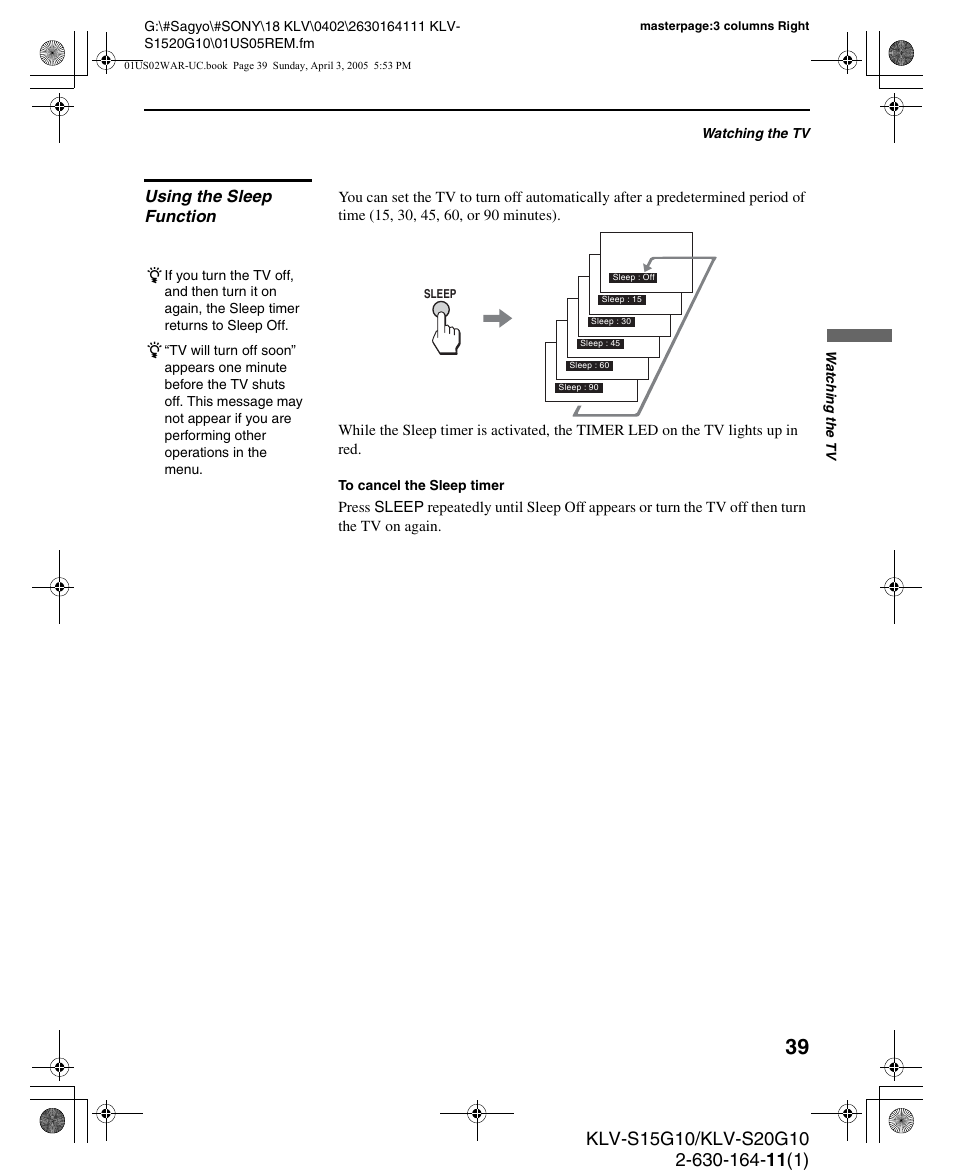 Using the sleep function | Sony WEGA KLV S20G10 User Manual | Page 39 / 60
