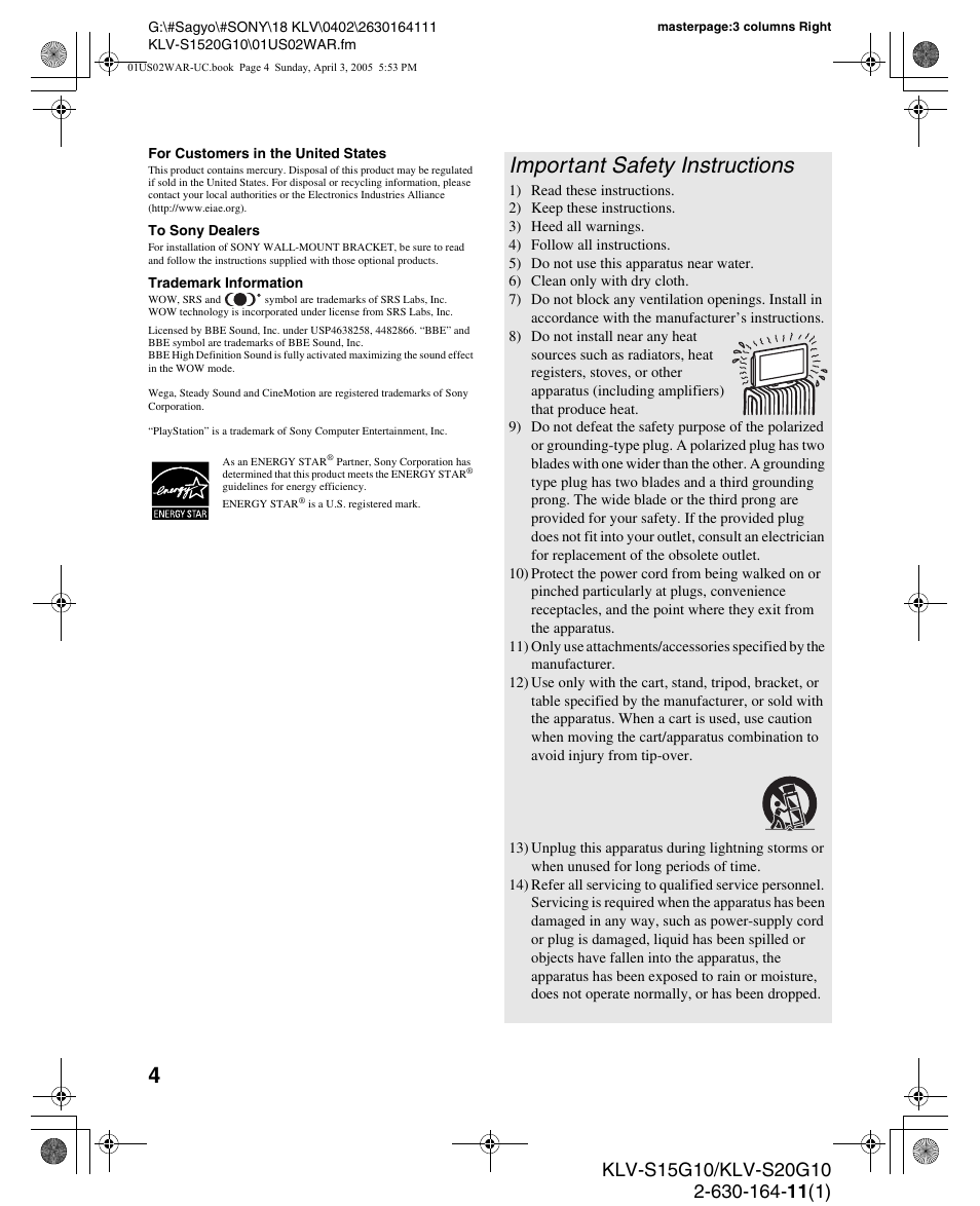 Important safety instructions | Sony WEGA KLV S20G10 User Manual | Page 4 / 60