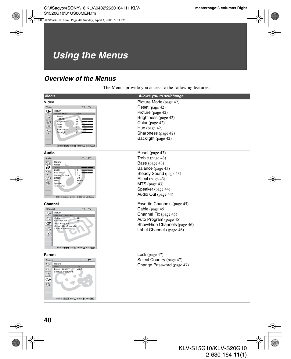 Using the menus, Overview of the menus | Sony WEGA KLV S20G10 User Manual | Page 40 / 60
