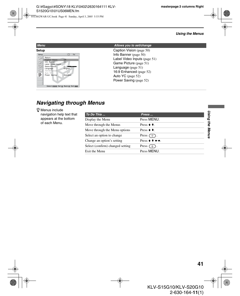 Navigating through menus | Sony WEGA KLV S20G10 User Manual | Page 41 / 60