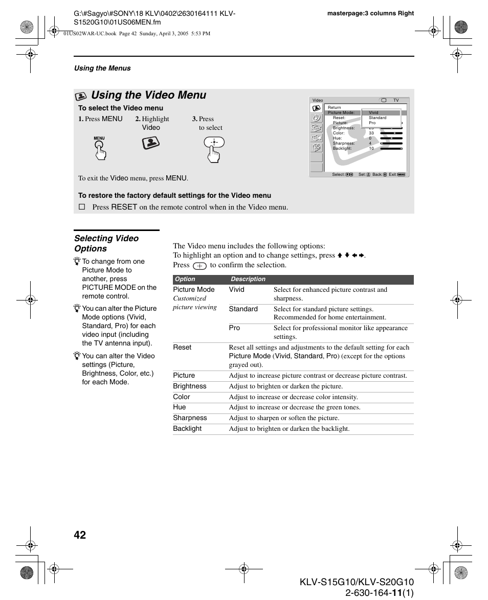 Using the video menu, Selecting video options | Sony WEGA KLV S20G10 User Manual | Page 42 / 60
