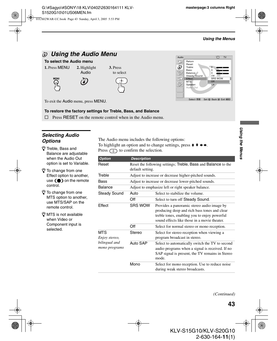 Using the audio menu, Selecting audio options, D 43 | Sony WEGA KLV S20G10 User Manual | Page 43 / 60
