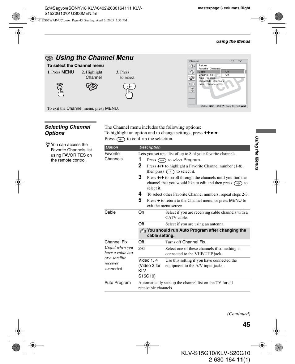 Using the channel menu, Selecting channel options | Sony WEGA KLV S20G10 User Manual | Page 45 / 60