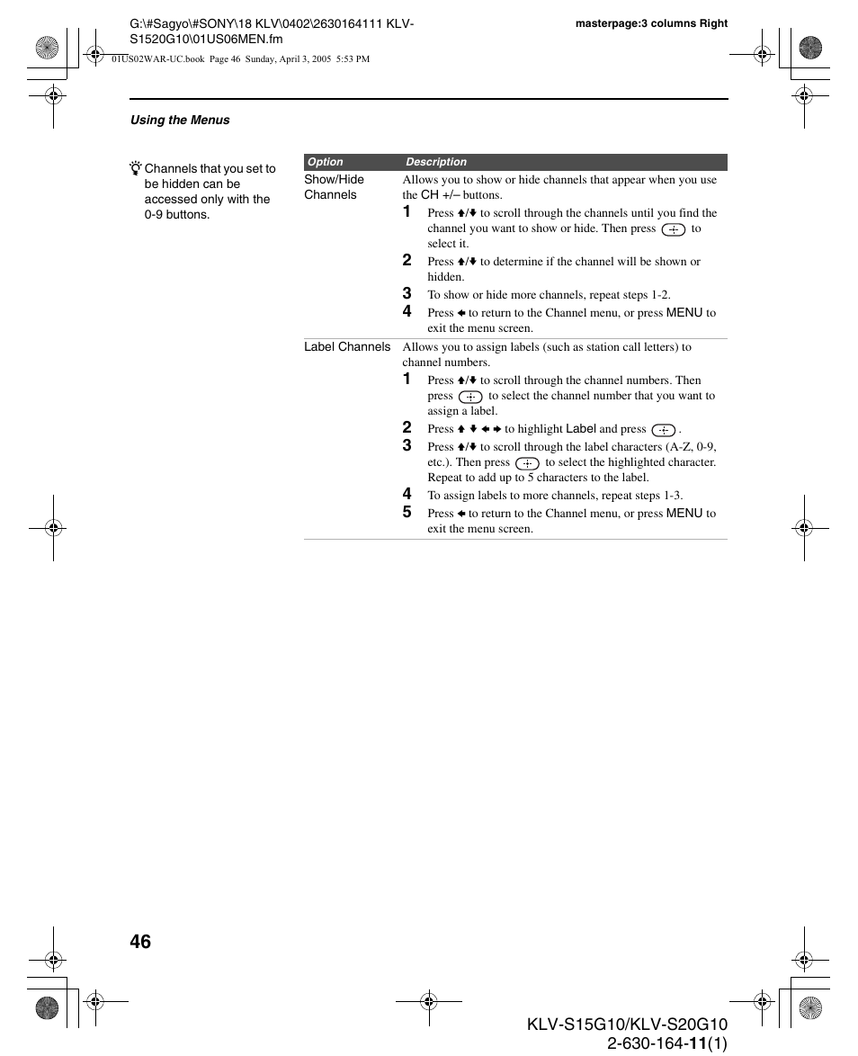 Sony WEGA KLV S20G10 User Manual | Page 46 / 60