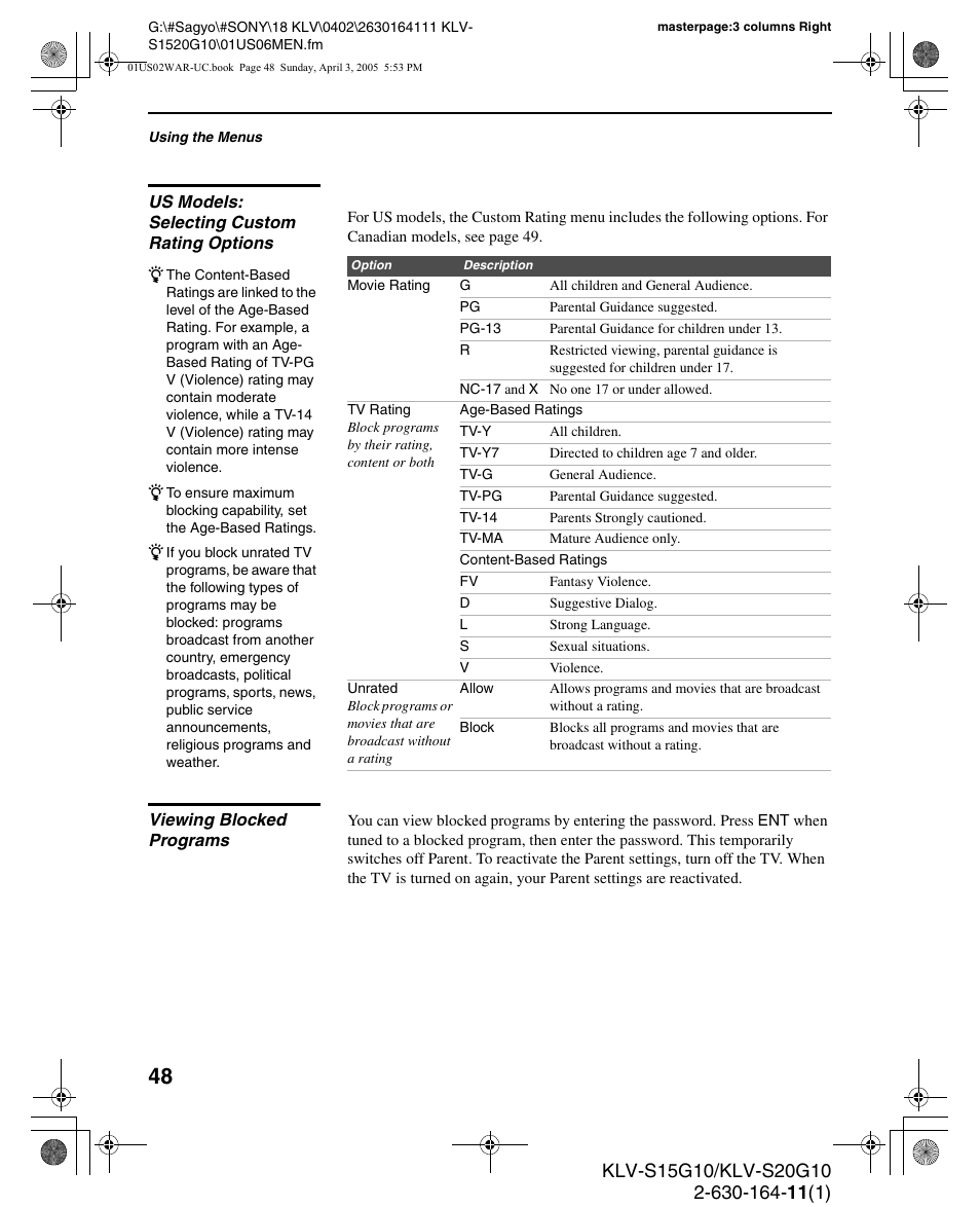Us models: selecting custom rating options, Viewing blocked programs | Sony WEGA KLV S20G10 User Manual | Page 48 / 60