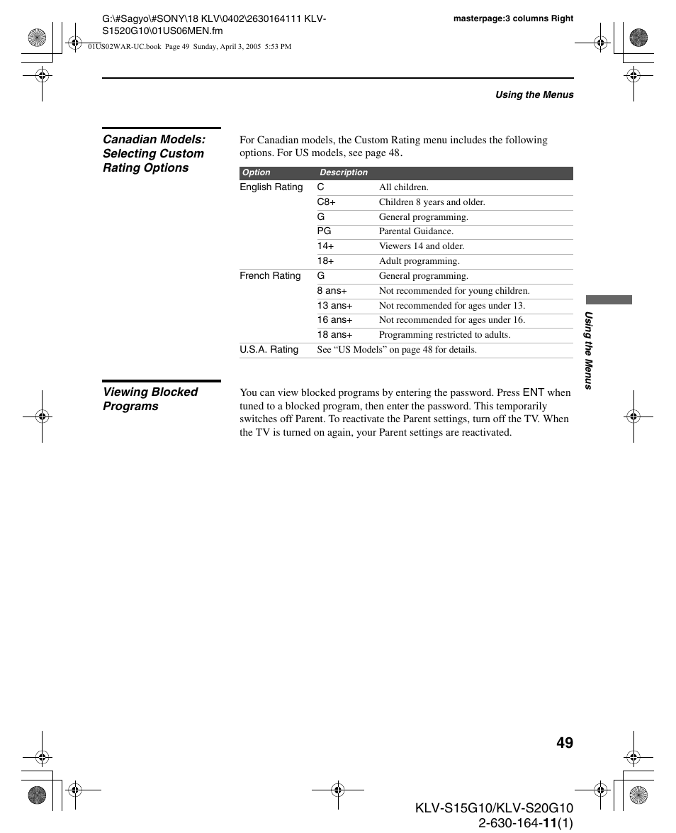 Canadian models: selecting custom rating options, Viewing blocked programs | Sony WEGA KLV S20G10 User Manual | Page 49 / 60