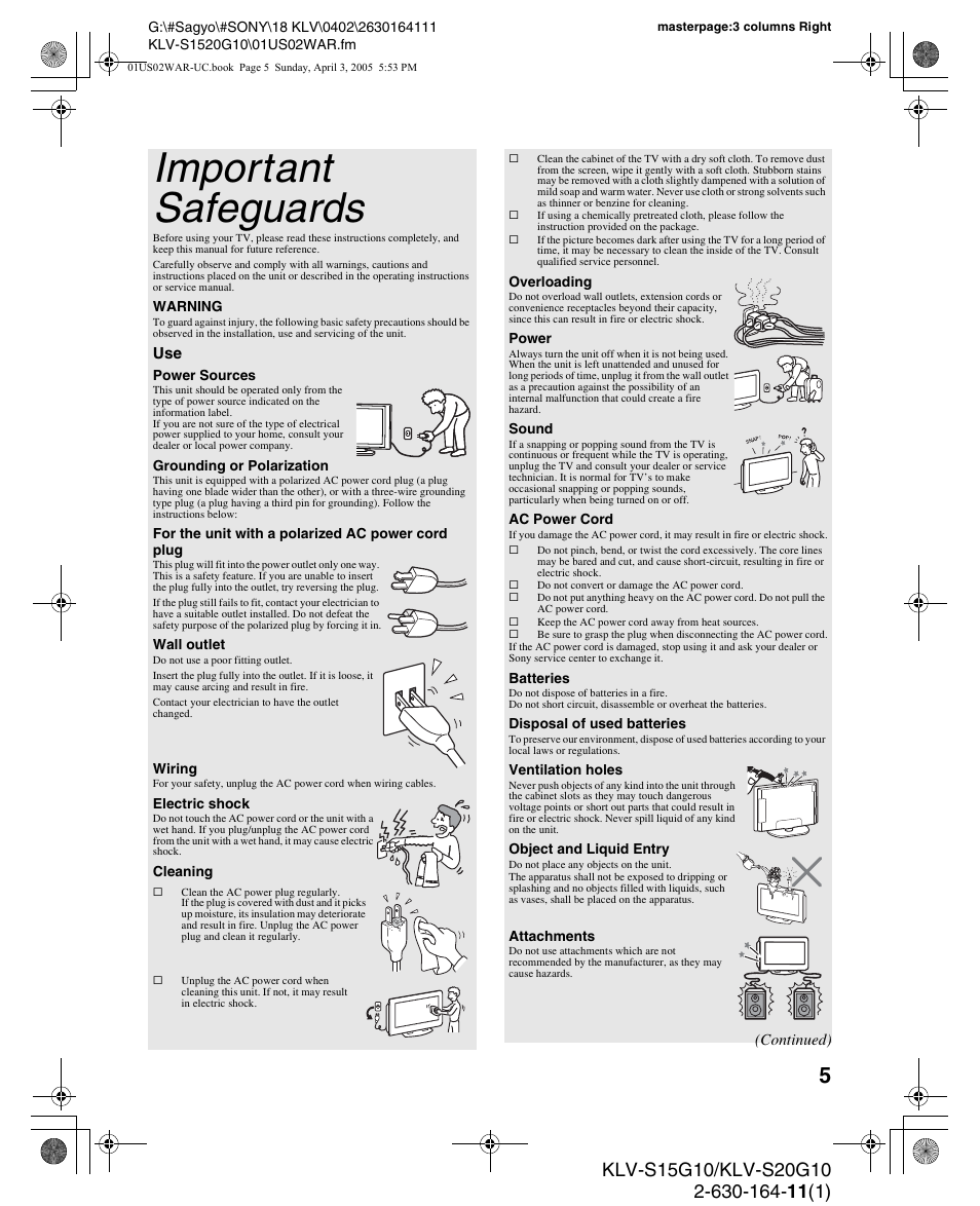 Important safeguards | Sony WEGA KLV S20G10 User Manual | Page 5 / 60