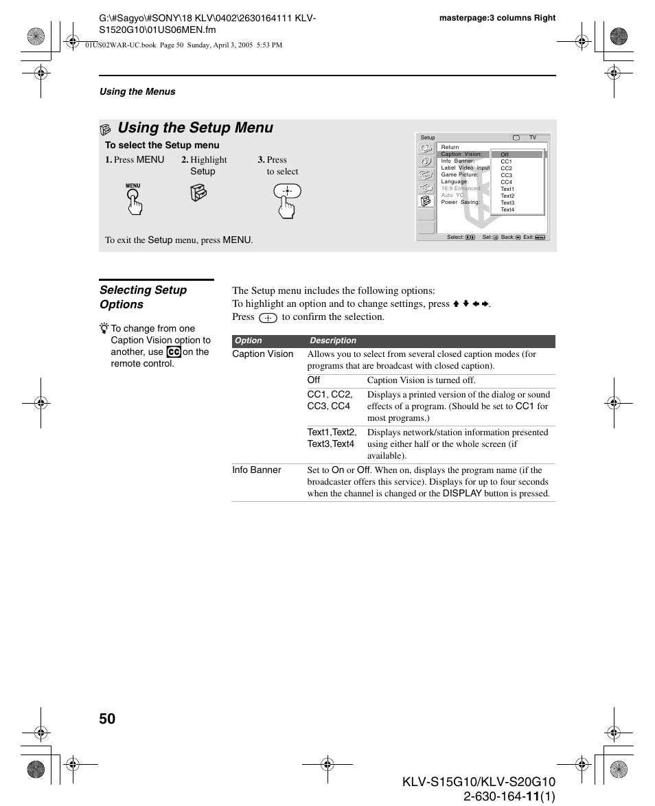 Using the setup menu, Selecting setup options | Sony WEGA KLV S20G10 User Manual | Page 50 / 60