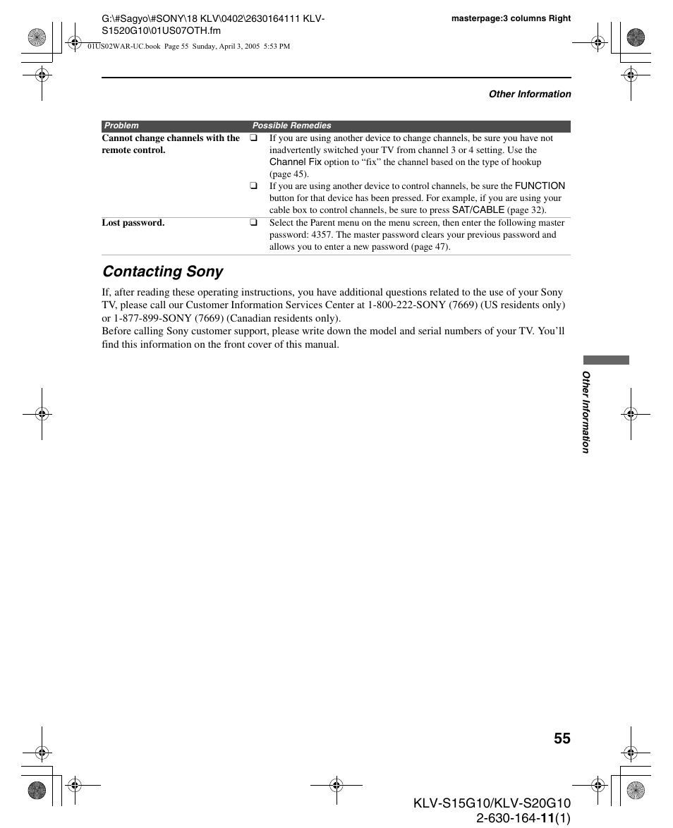 Contacting sony | Sony WEGA KLV S20G10 User Manual | Page 55 / 60