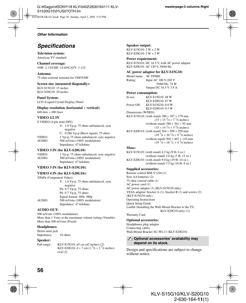 Specifications | Sony WEGA KLV S20G10 User Manual | Page 56 / 60