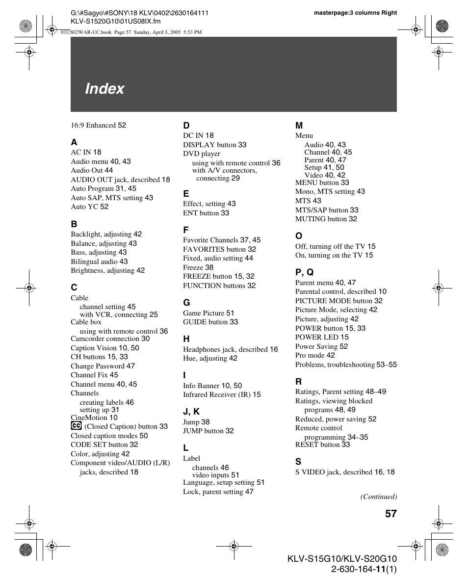 Index | Sony WEGA KLV S20G10 User Manual | Page 57 / 60