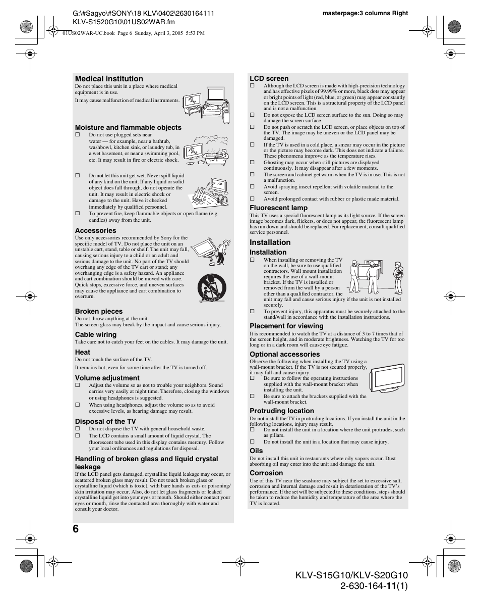 Medical institution, Installation | Sony WEGA KLV S20G10 User Manual | Page 6 / 60