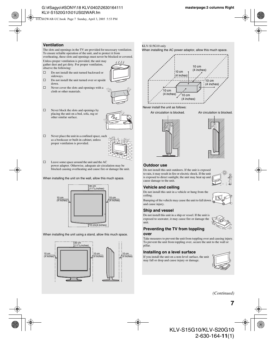 Continued) | Sony WEGA KLV S20G10 User Manual | Page 7 / 60