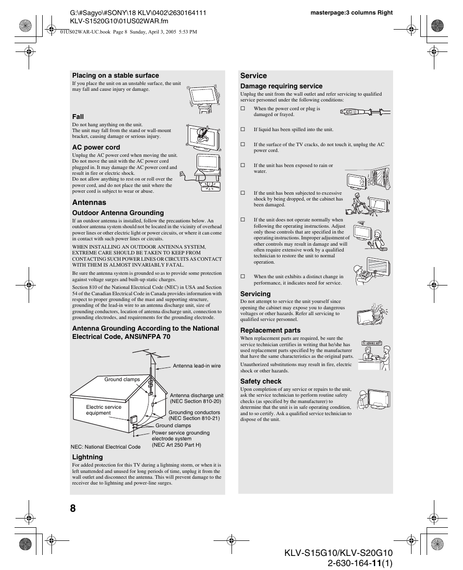 Antennas, Service | Sony WEGA KLV S20G10 User Manual | Page 8 / 60