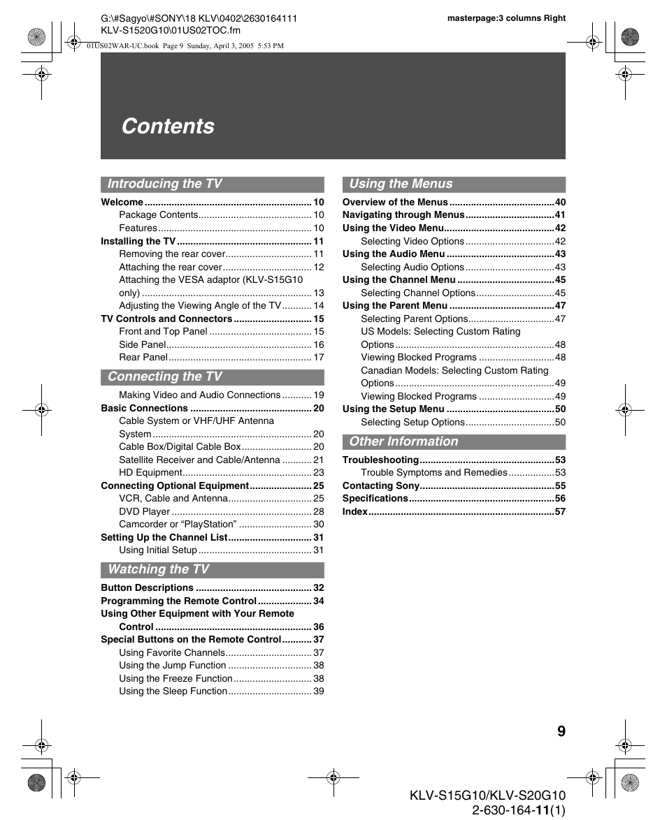 Sony WEGA KLV S20G10 User Manual | Page 9 / 60