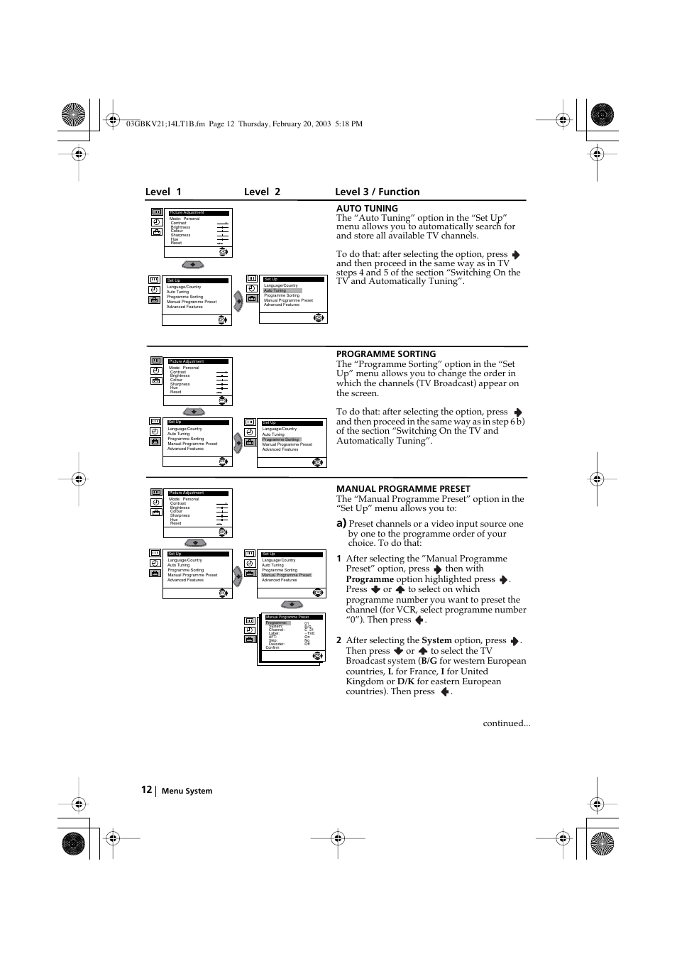 Level 1 level 2 level 3 / function | Sony KV-14LT1B User Manual | Page 12 / 20