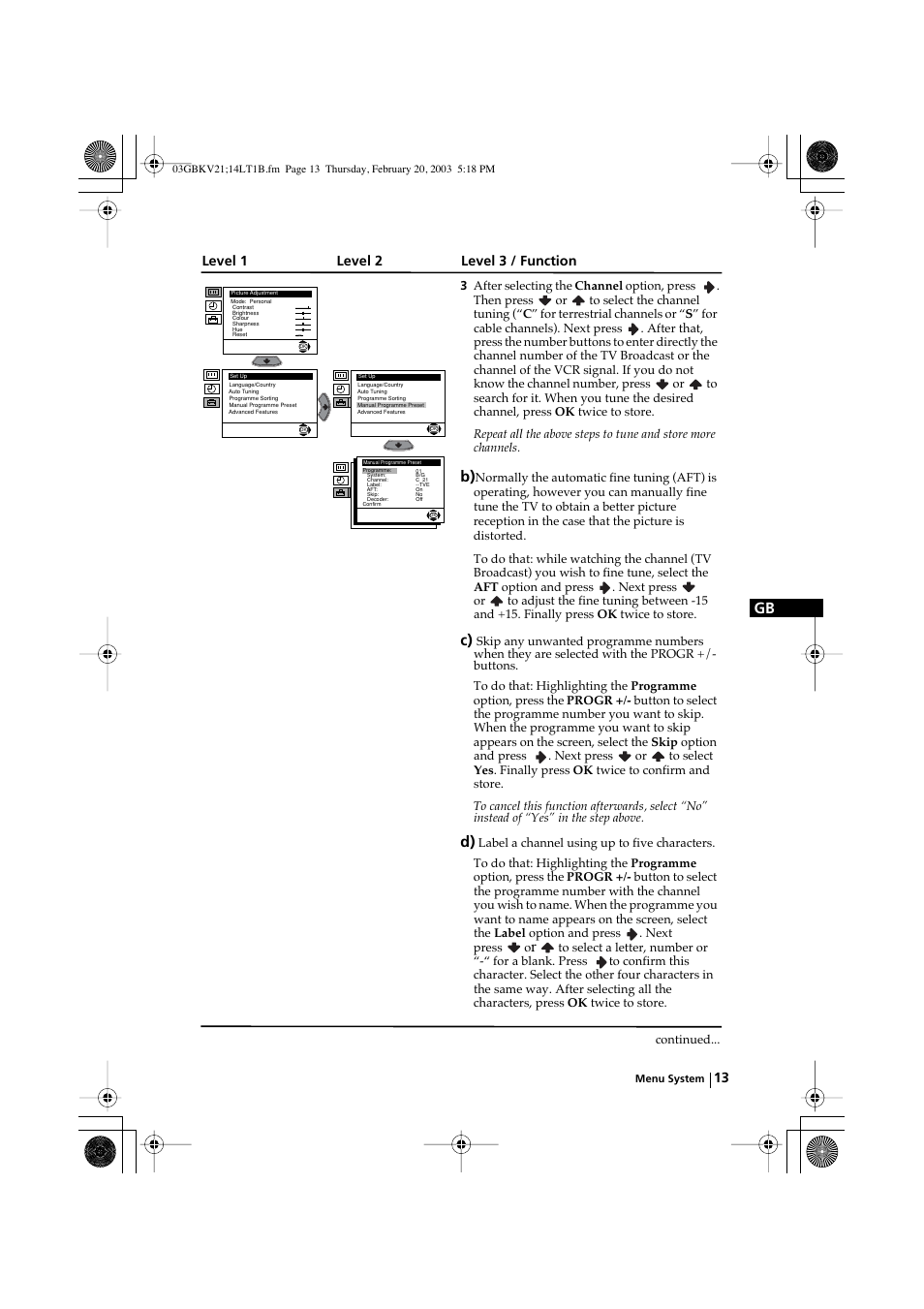 Level 1 level 2 level 3 / function | Sony KV-14LT1B User Manual | Page 13 / 20