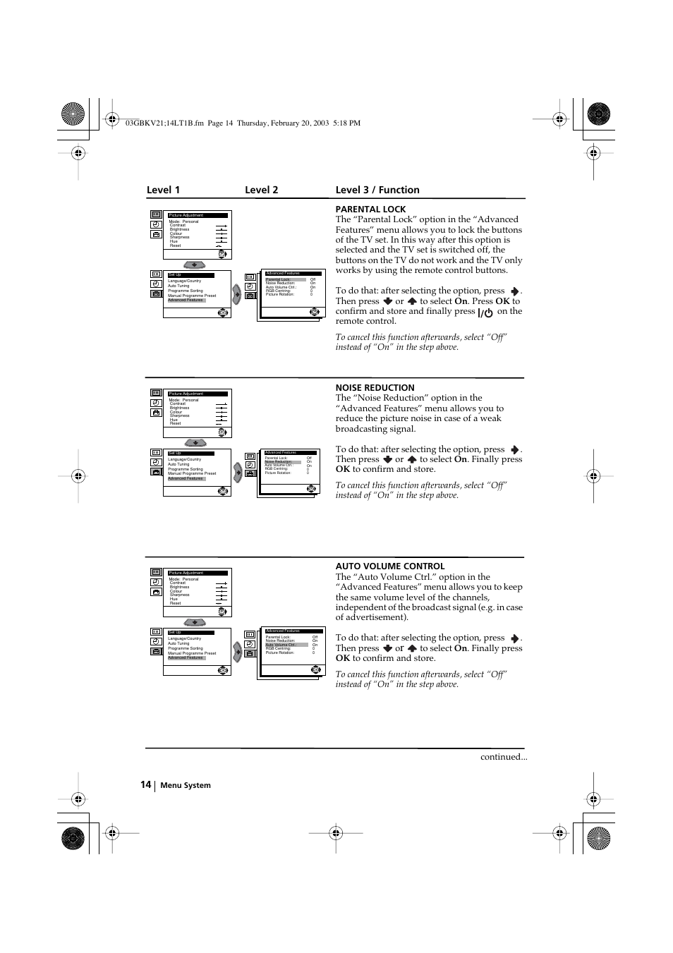 Level 1 level 2 level 3 / function | Sony KV-14LT1B User Manual | Page 14 / 20
