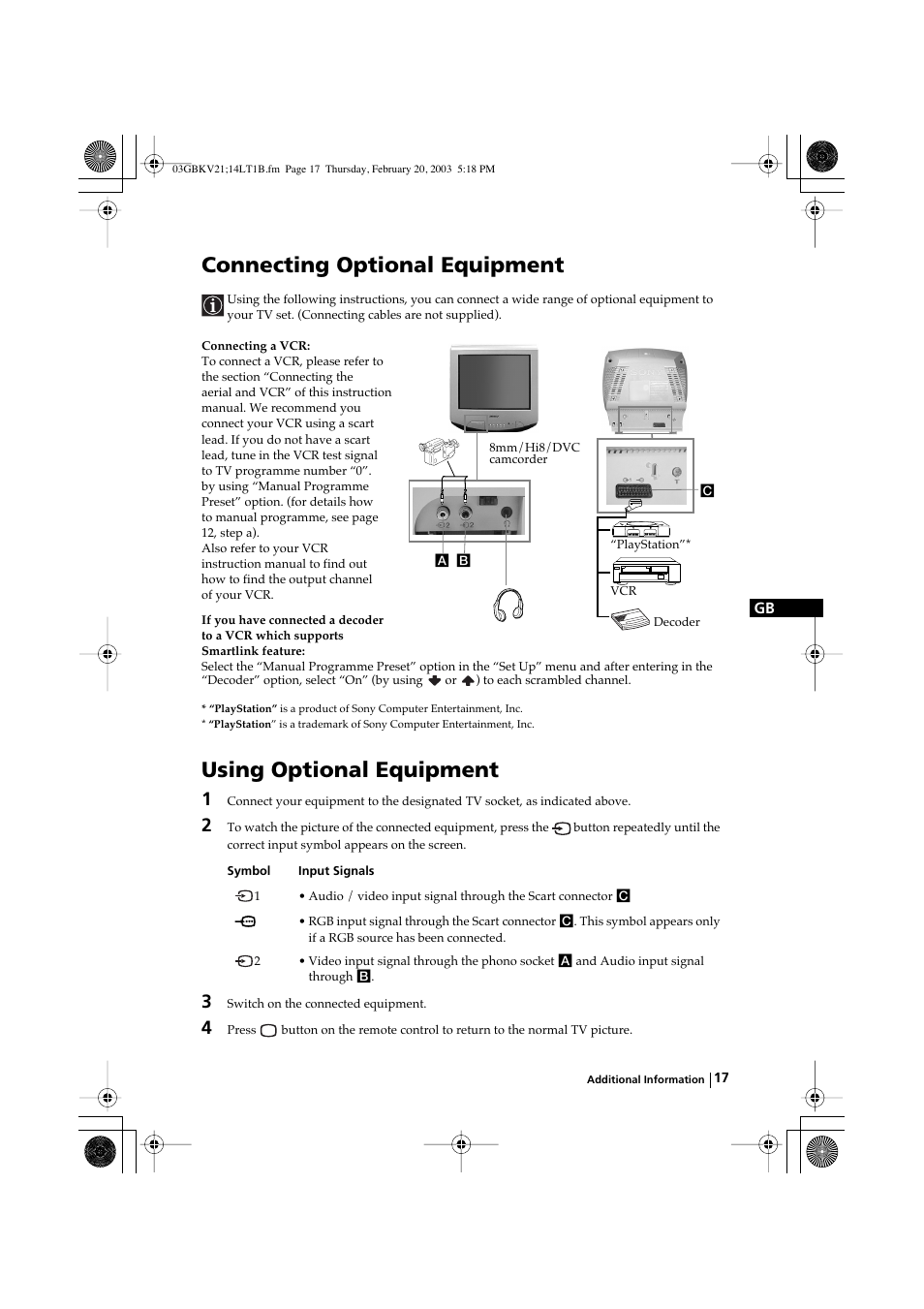 Connecting optional equipment, Using optional equipment | Sony KV-14LT1B User Manual | Page 17 / 20