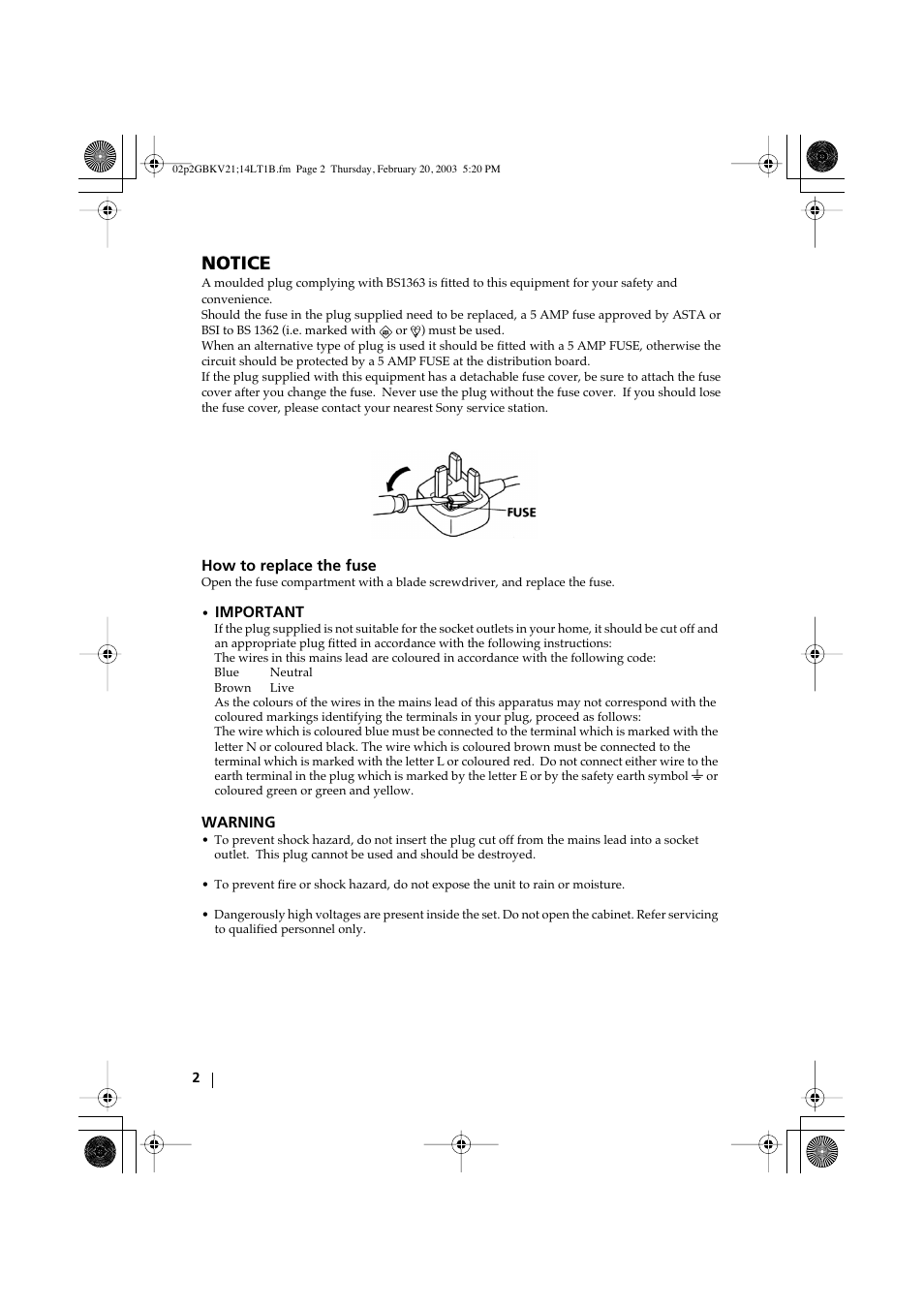 Notice | Sony KV-14LT1B User Manual | Page 2 / 20