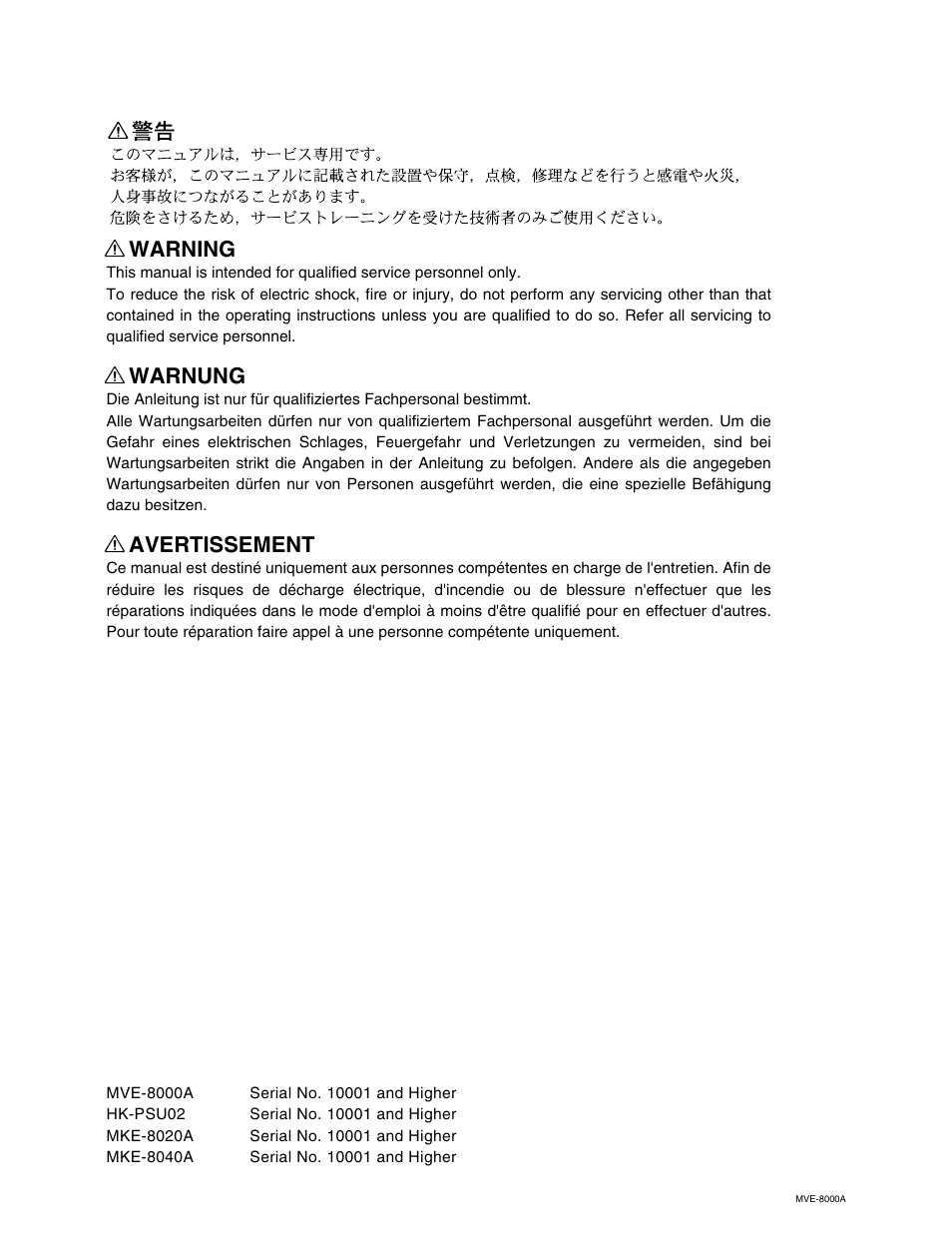 Warning, Warnung, Avertissement | Sony HK-PSU02 User Manual | Page 2 / 34