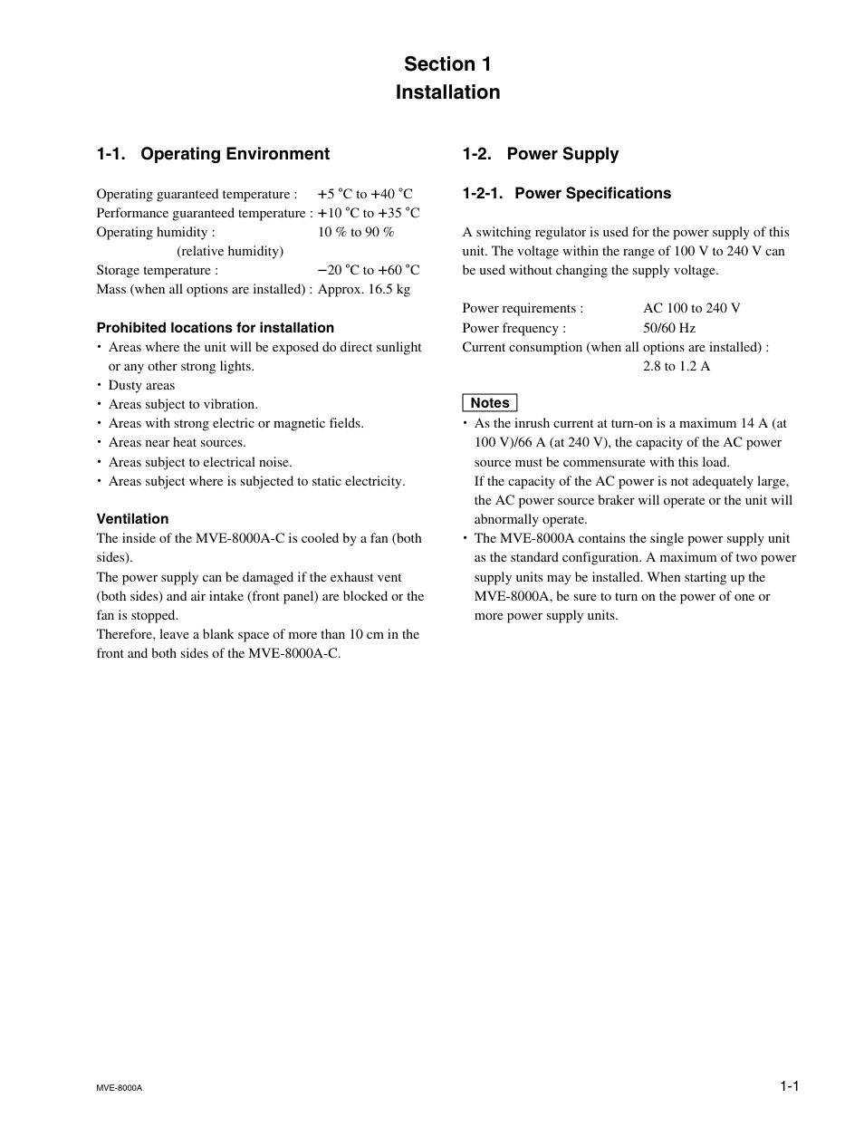 Installation, 1. operating environment, 2. power supply | 2-1. power specifications | Sony HK-PSU02 User Manual | Page 7 / 34