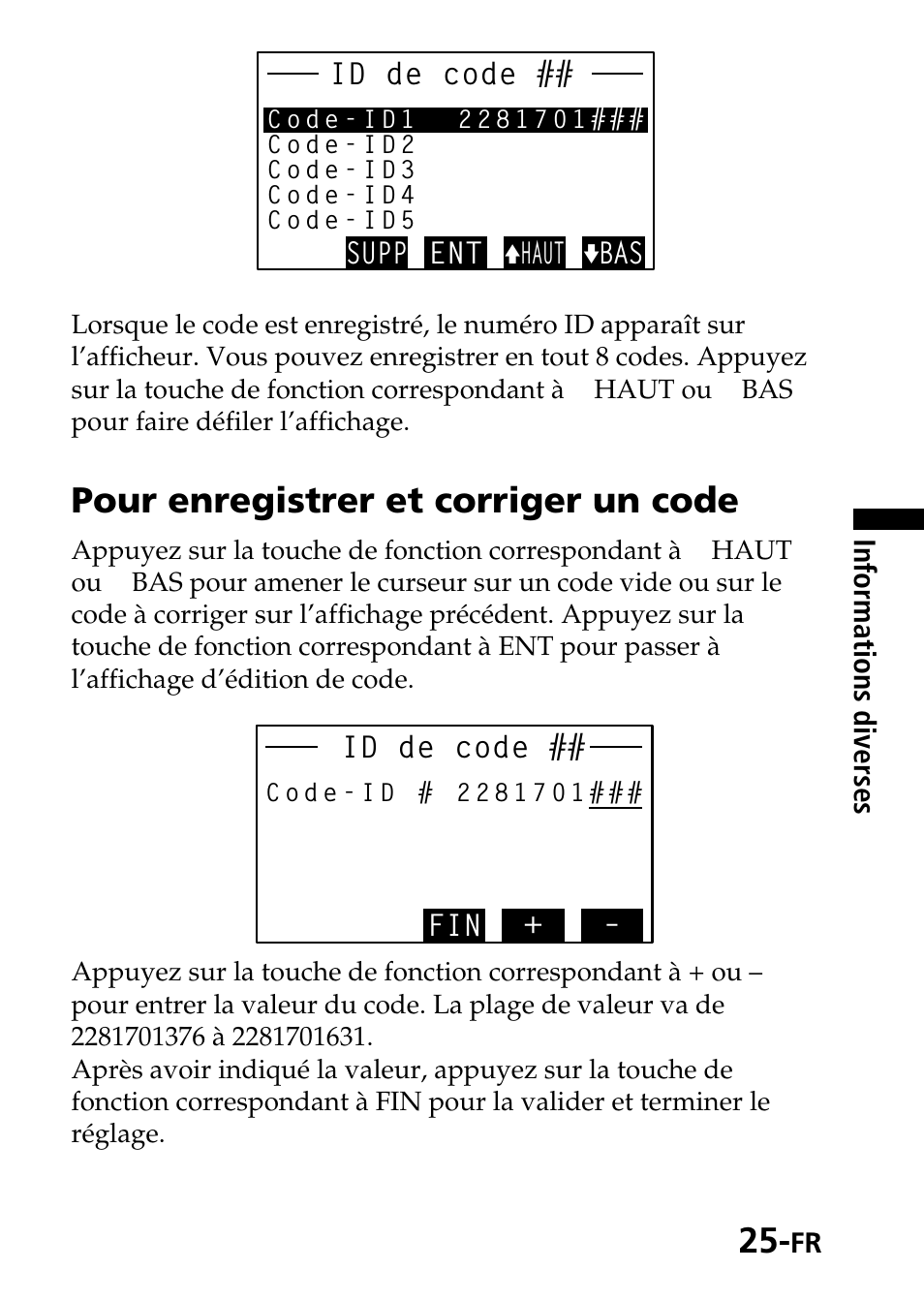 Pour enregistrer et corriger un code | Sony SRF-DR2000 User Manual | Page 57 / 164