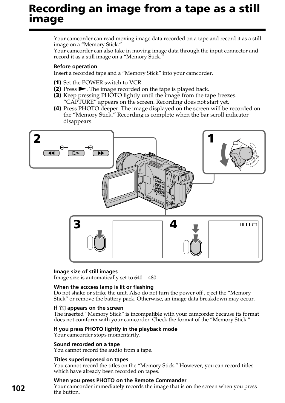 Recording an image from a tape as a still image | Sony TRV828 User Manual | Page 102 / 168