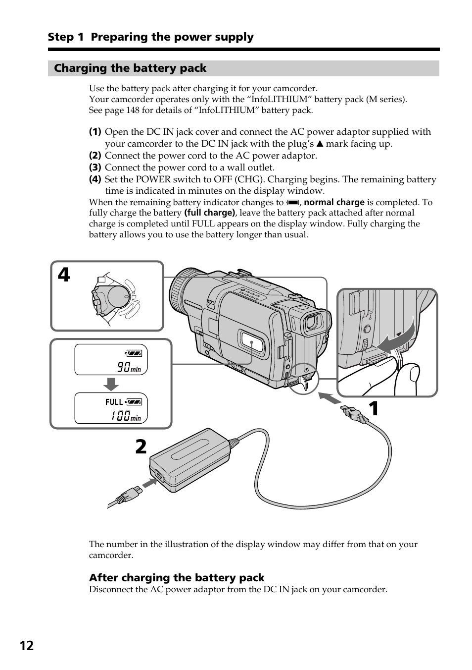 After charging the battery pack | Sony TRV828 User Manual | Page 12 / 168