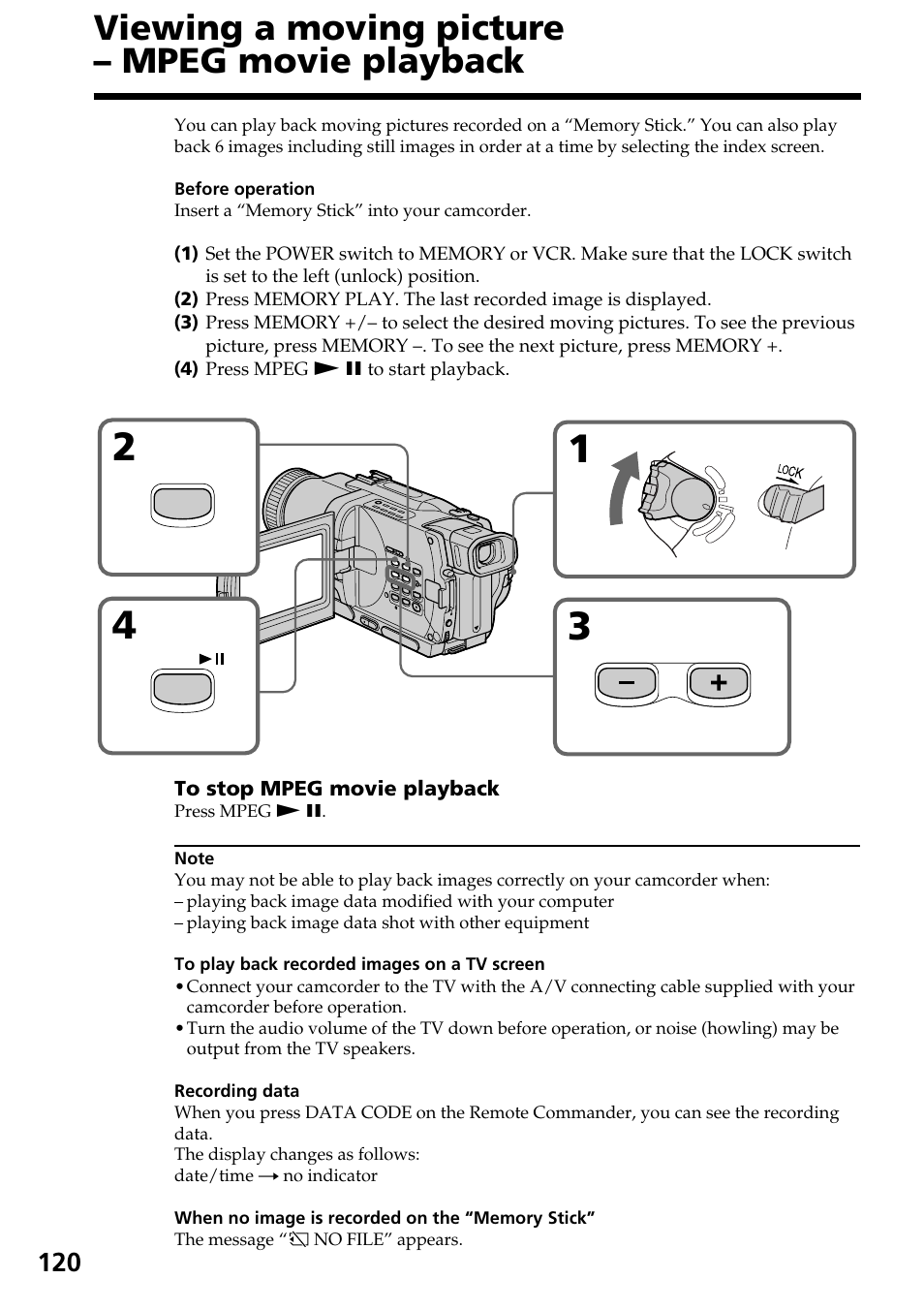 Viewing a moving picture – mpeg movie playback | Sony TRV828 User Manual | Page 120 / 168