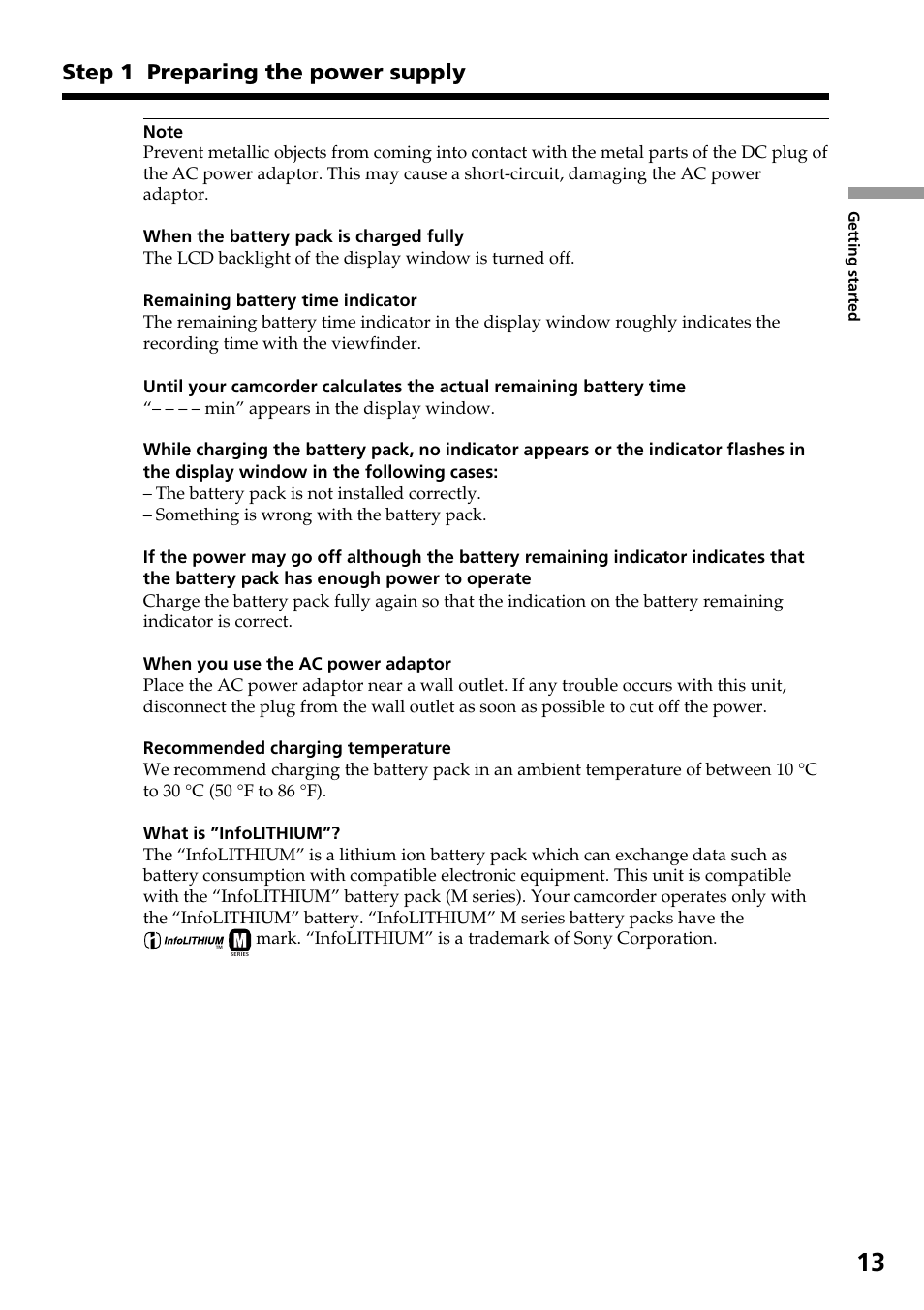 Step 1 preparing the power supply | Sony TRV828 User Manual | Page 13 / 168
