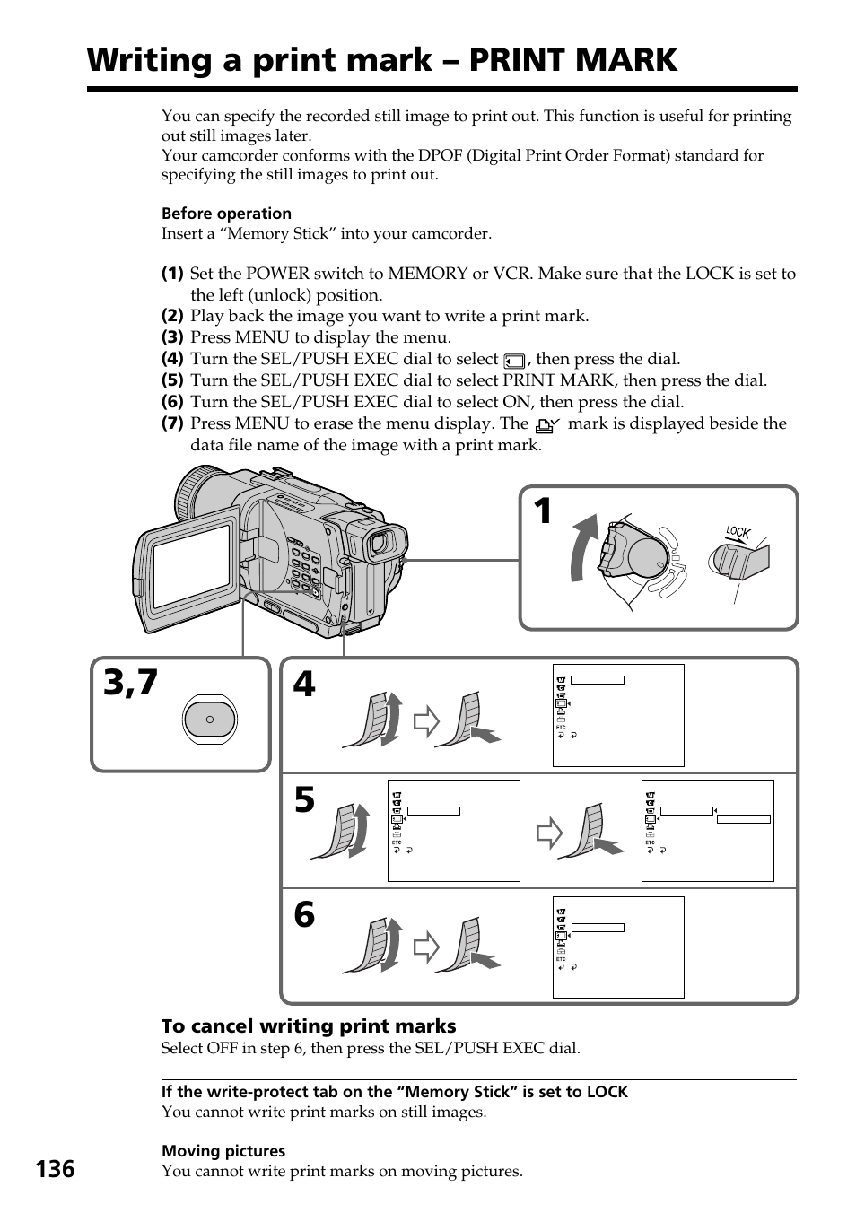 Writing a print mark – print mark, Menu | Sony TRV828 User Manual | Page 136 / 168