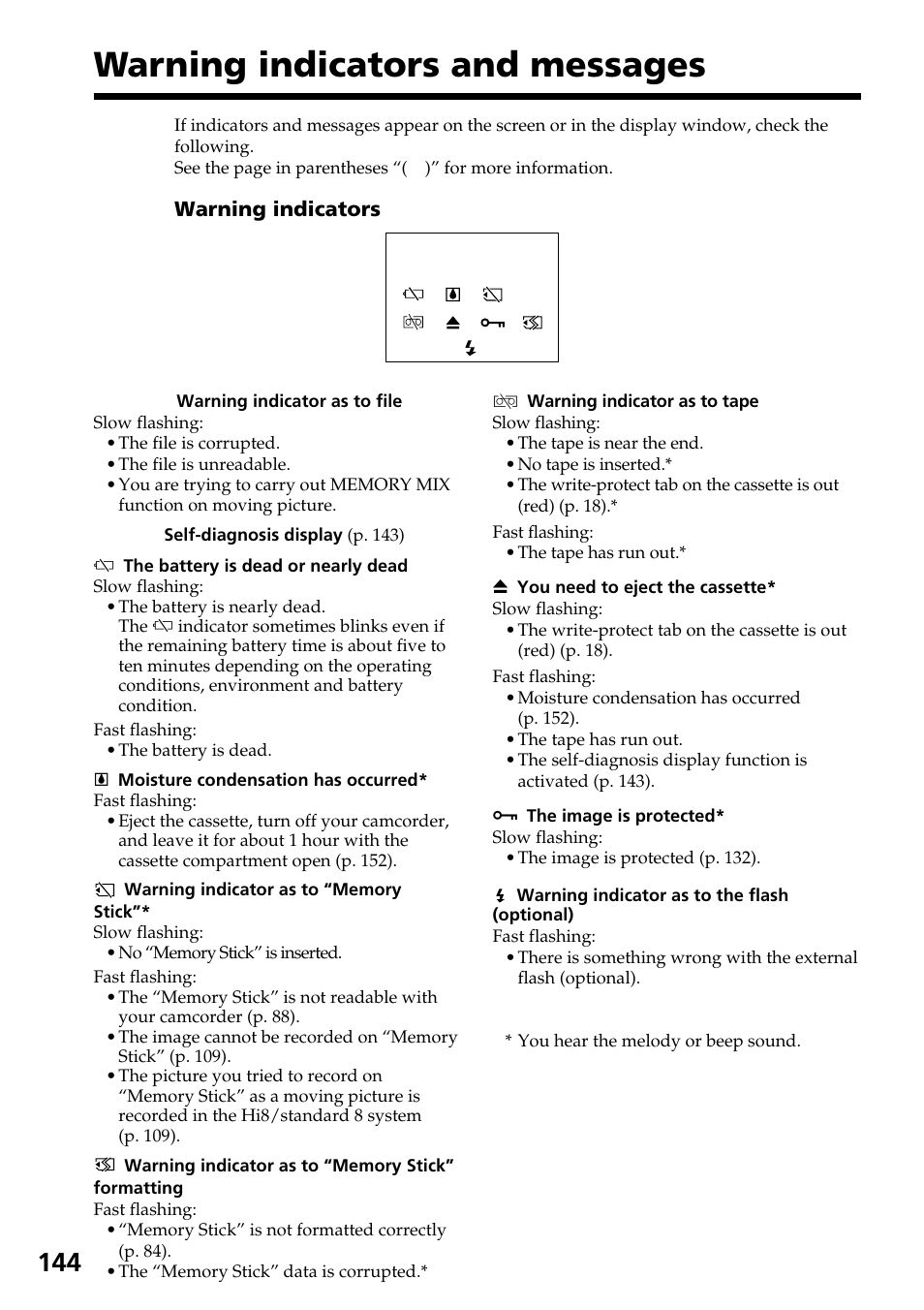 Warning indicators and messages | Sony TRV828 User Manual | Page 144 / 168