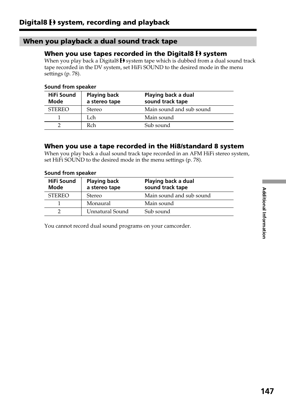 When you playback a dual sound track tape, Digital8 system, recording and playback | Sony TRV828 User Manual | Page 147 / 168