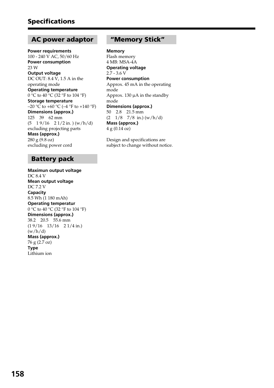 Specifications ac power adaptor, Battery pack | Sony TRV828 User Manual | Page 158 / 168