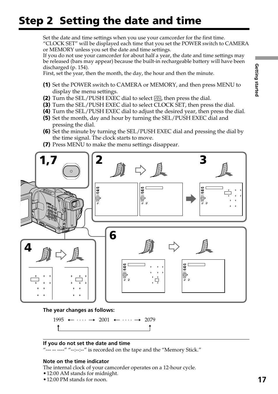 Step 2 setting the date and time, Menu | Sony TRV828 User Manual | Page 17 / 168