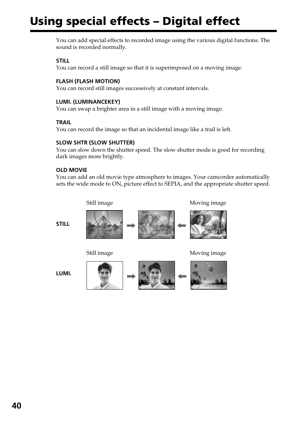 Using special effects – digital effect | Sony TRV828 User Manual | Page 40 / 168