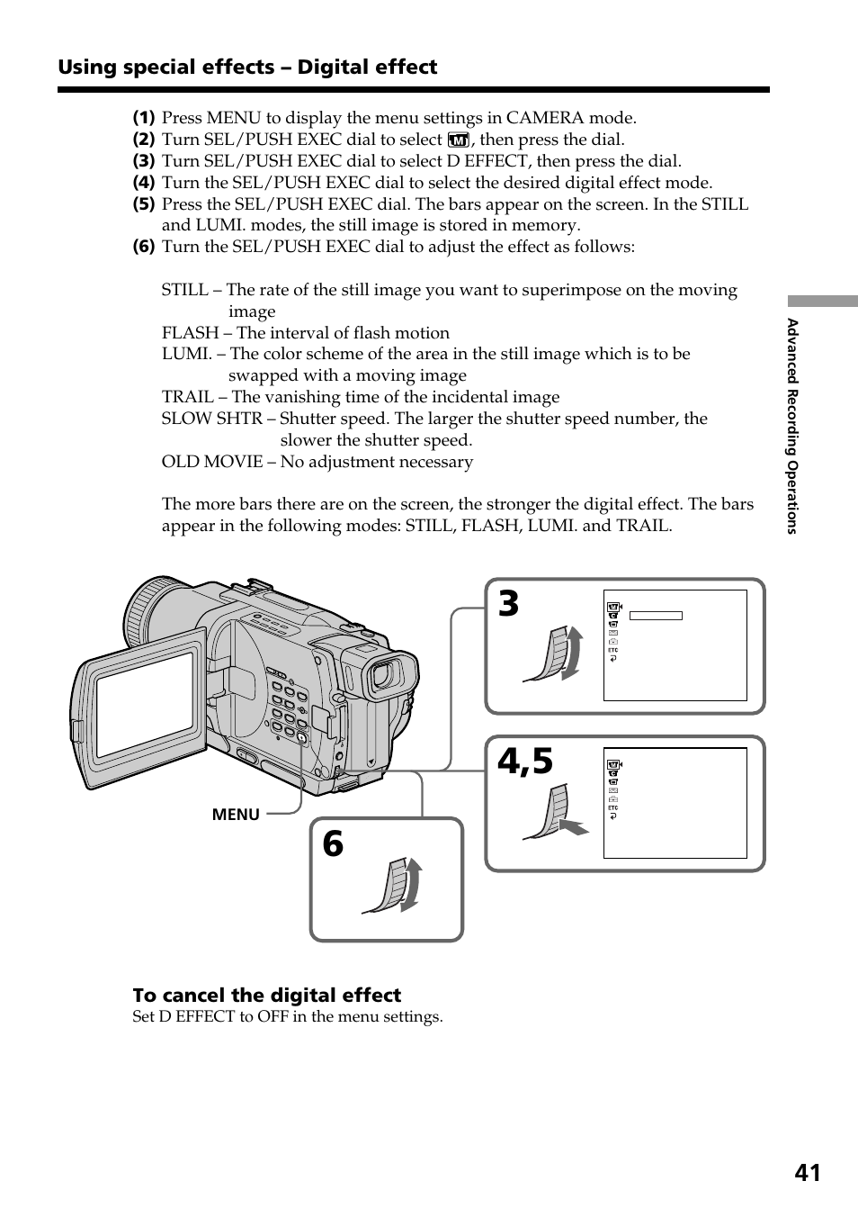Using special effects – digital effect | Sony TRV828 User Manual | Page 41 / 168