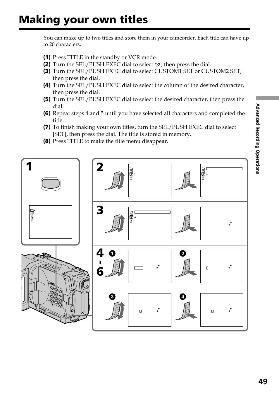 Making your own titles, Title, Advanced recording operations | Sony TRV828 User Manual | Page 49 / 168