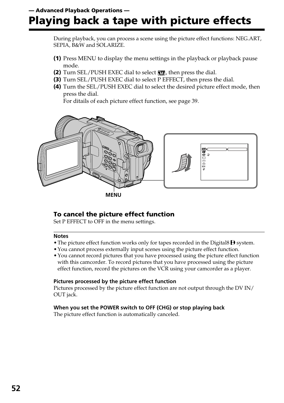 Playing back a tape with picture effects | Sony TRV828 User Manual | Page 52 / 168