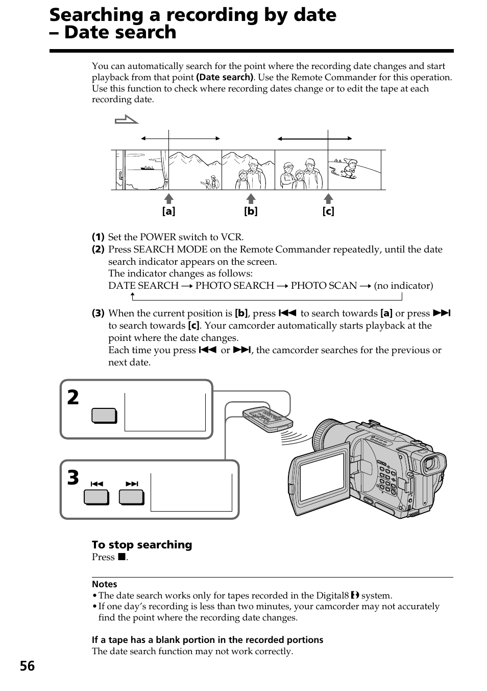 Searching a recording by date – date search | Sony TRV828 User Manual | Page 56 / 168